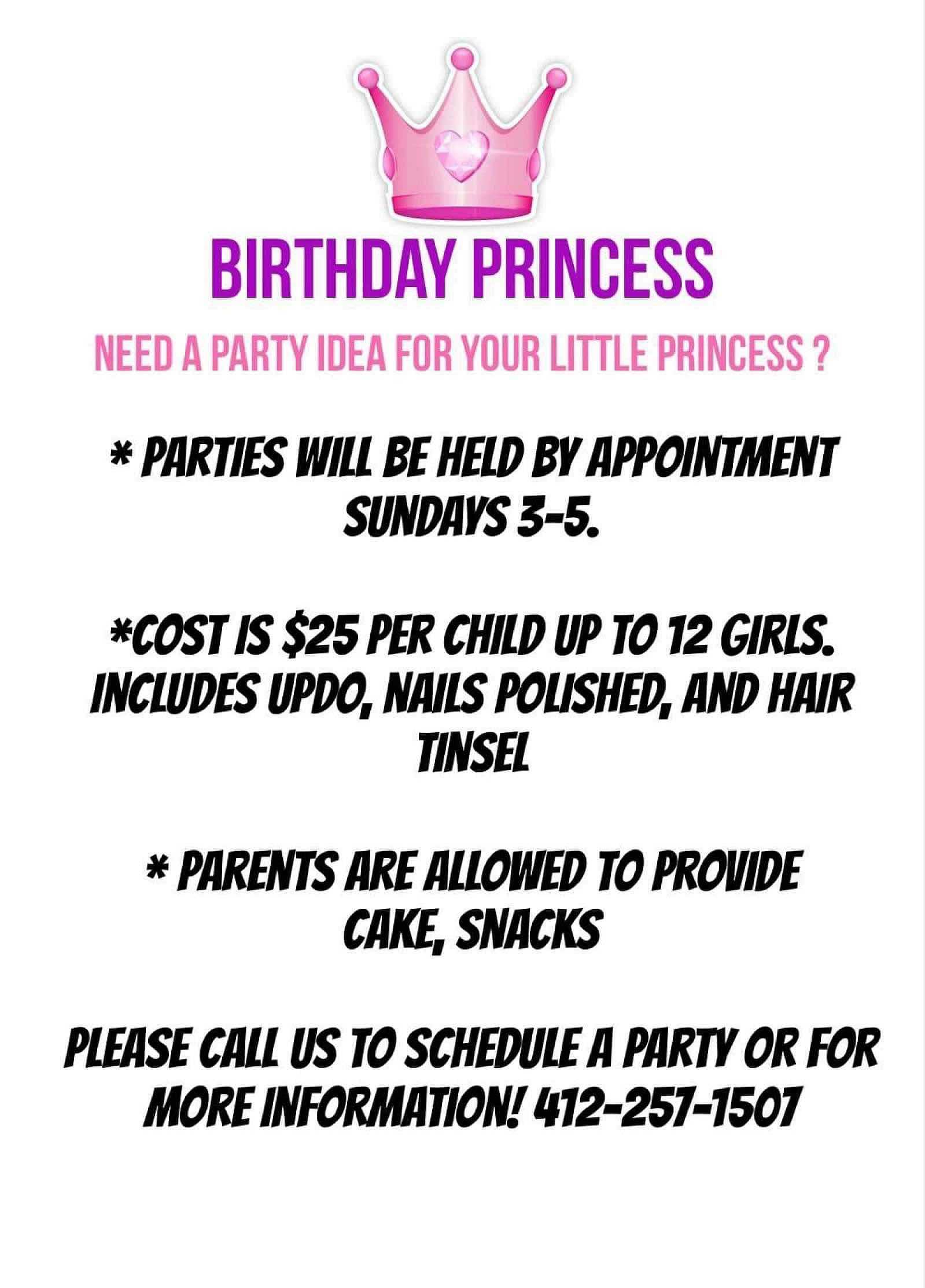 Birthday Princess party booking info: Sundays 3-5 pm, $25 per child, call 412-257-1507 for details.